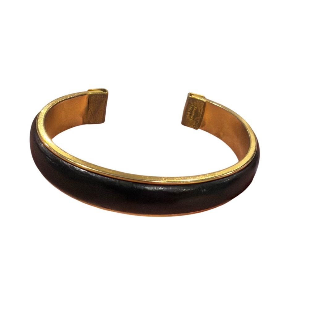 Vintage Sca-Tel Firenze Italy Black Leather Brass Cuff Bracelet Italian Signed